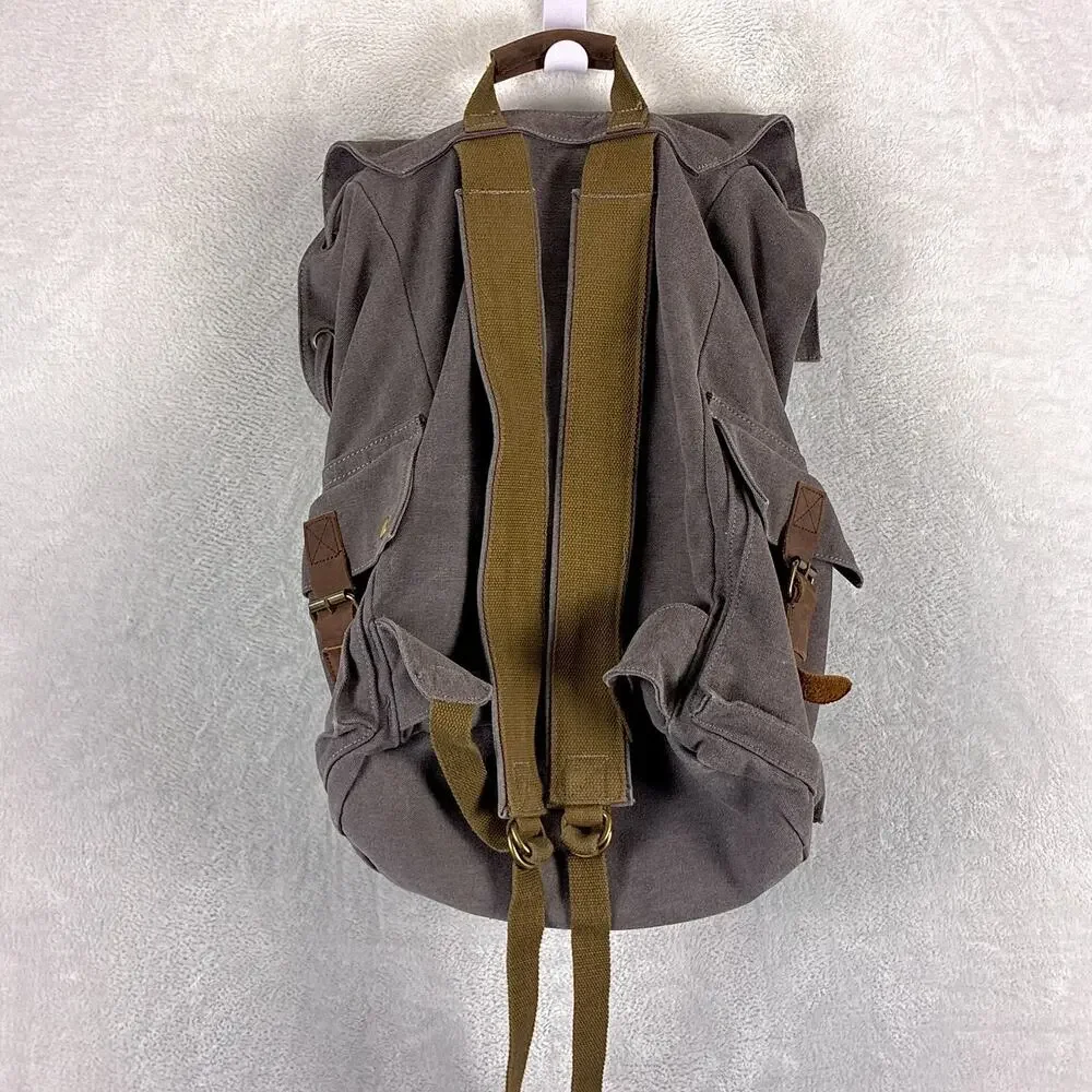 Kattee Backpack Gray Canvas Leather Rucksack Utility Outdoors Hiking Y2K